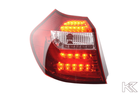 BMW 1 Series E87 E81 red LED tail lights for 3/5-door models, 2004-2006, by K2 Industries, featuring sleek design and bright illumination.