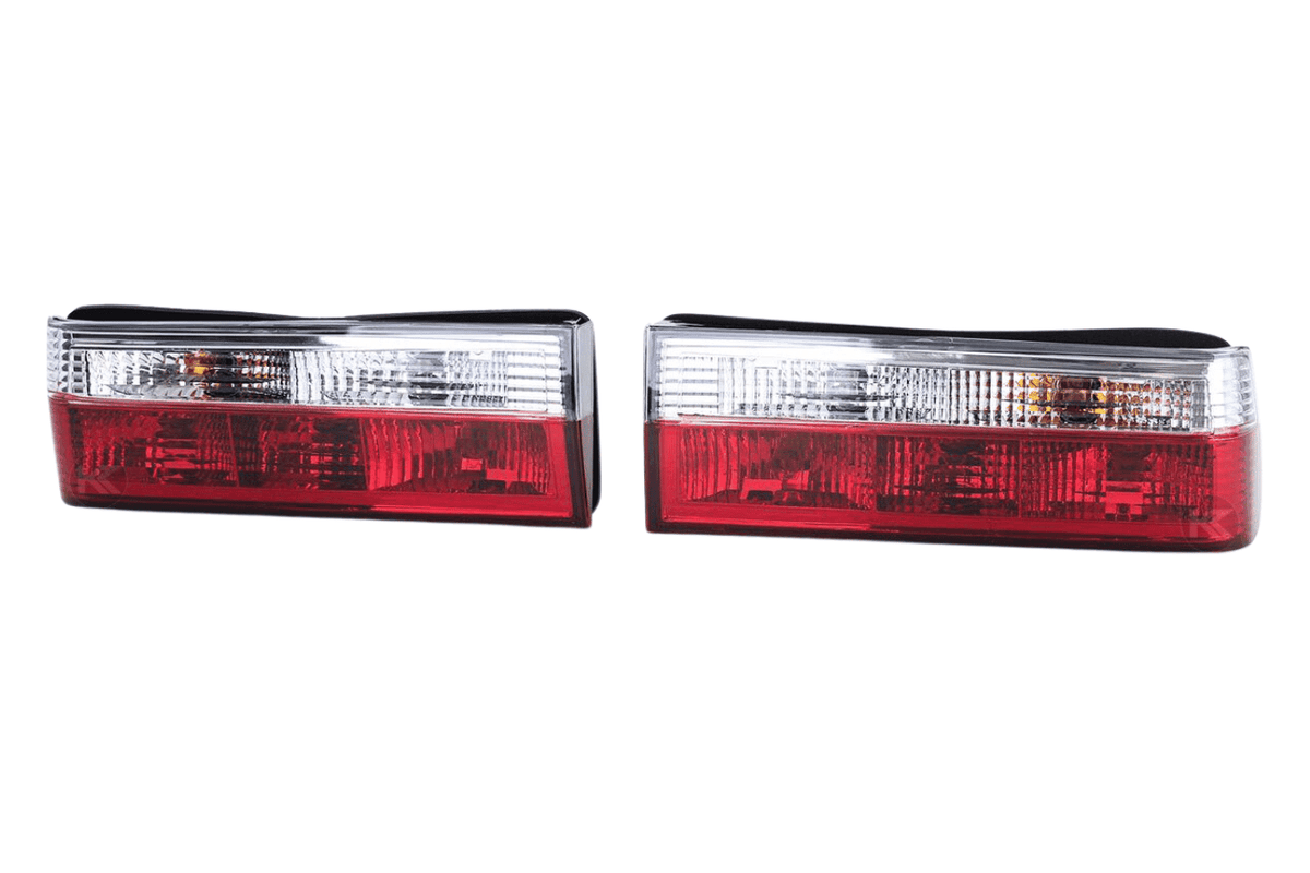 BMW 3-Series E30 pre-facelift tail lights in red and clear, designed for 1982-1987 models by K2 Industries.