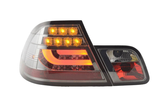 BMW 3-series E46 Coupe chrome smoked LED taillights set by K2 Industries, showing the sleek design and smoked lens.