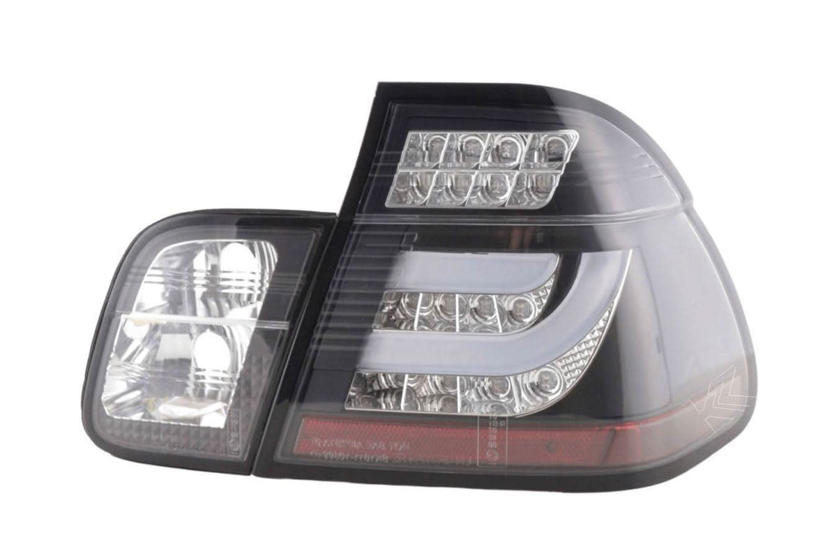 BMW 3-series E46 sedan black clear LED tail lights set by K2 Industries, showing the sleek rear view and lightbar design.