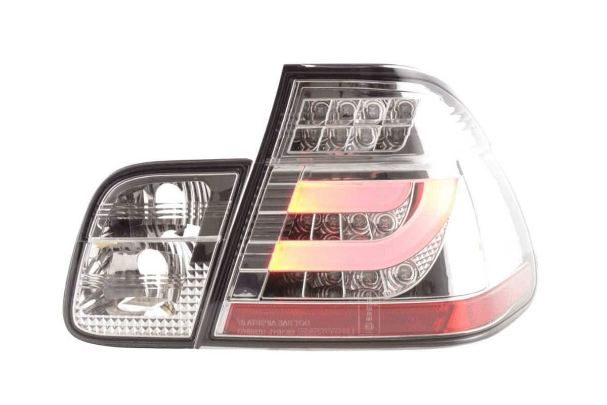 BMW 3-series E46 Sedan chrome and clear LED tail light set with lightbar, for facelift models 2002-2005 by K2 Industries.