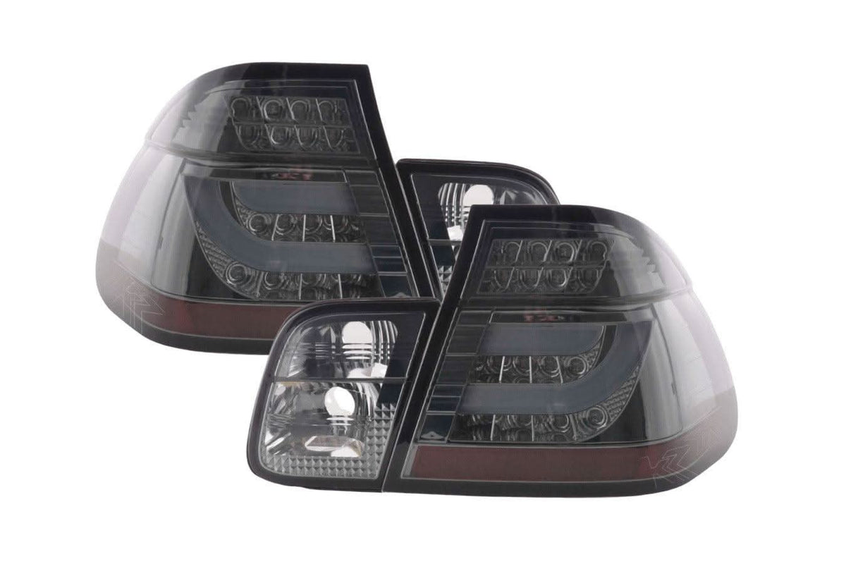 BMW 3-series E46 sedan chrome and smoked LED taillights set, facelift style, installed on 2002-2005 BMW 3 Series.