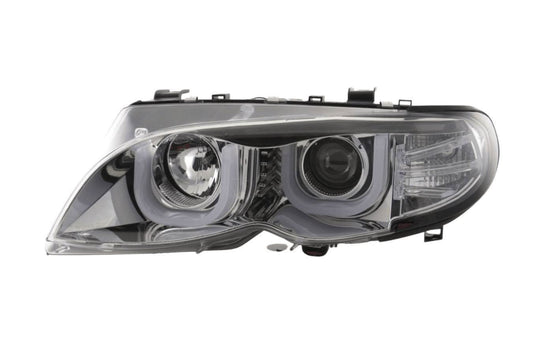 BMW 3-series E46 sedan/touring chrome U-eye headlights with LED accents, 2002-2005, by K2 Industries.