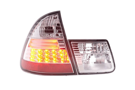 BMW 3-series E46 Wagon Chrome Clear LED Taillights by K2 Industries, rear view showing chrome finish and LED light details.
