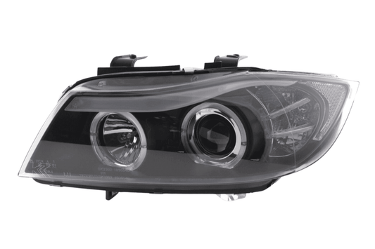 BMW 3-series E90 E91 LED headlight set with black angel eyes by K2 Industries, for models 2005-2012, showing the front view.