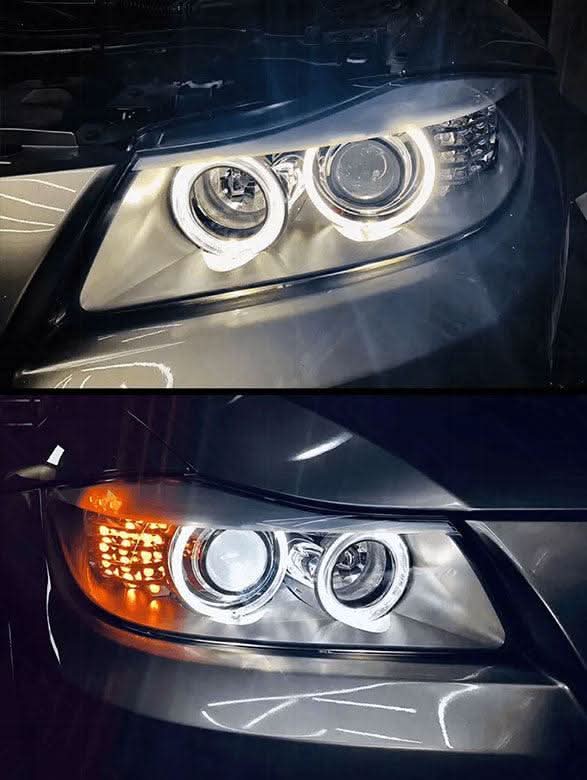 BMW 3 Series E90 OE style headlights by K2 Industries, showing sleek design and clear lens for 2005-2012 model.