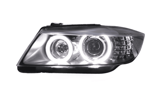 BMW 3 Series E90 OE style headlights by K2 Industries, designed for models from 2005 to 2012, featuring clear lens and modern design.