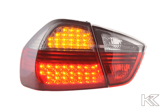 BMW 3-series E90 sedan red and smoke Euro LED taillights set by K2 Industries, for 2005-2008 model with distinct tail light design.