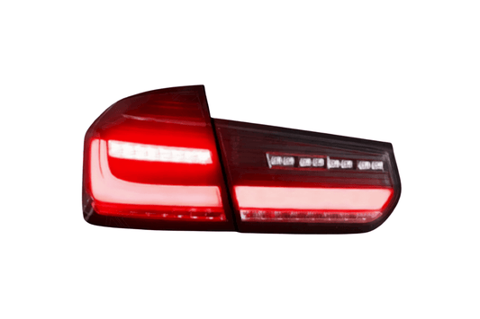 BMW 3 Series F30 F35 F80 modernized LED tail lights by K2 Industries, featuring sleek red and clear lens design for 2012-2019 models.
