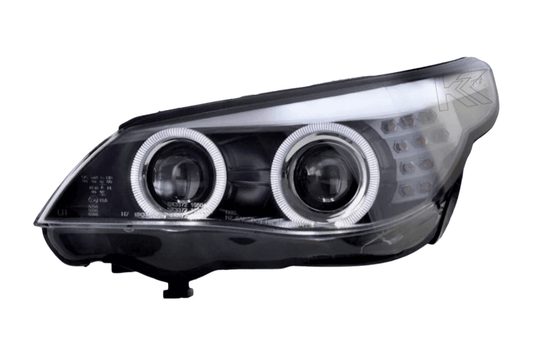 BMW 5-series E60 E61 black angel eyes headlight set by K2 Industries, featuring modern daytime running lights for 2003-2007.