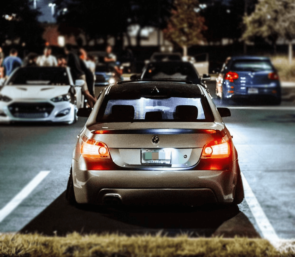 BMW 5-series E60 sedan chrome clear LED taillights set by K2 Industries, showing front and rear view with chrome finish and LED details.