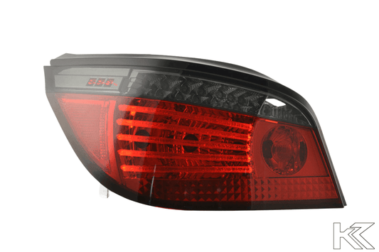 BMW 5-Series E60 sedan red and smoke LED taillights by K2 Industries, 2007-2009 model, showing close-up of tail light design
