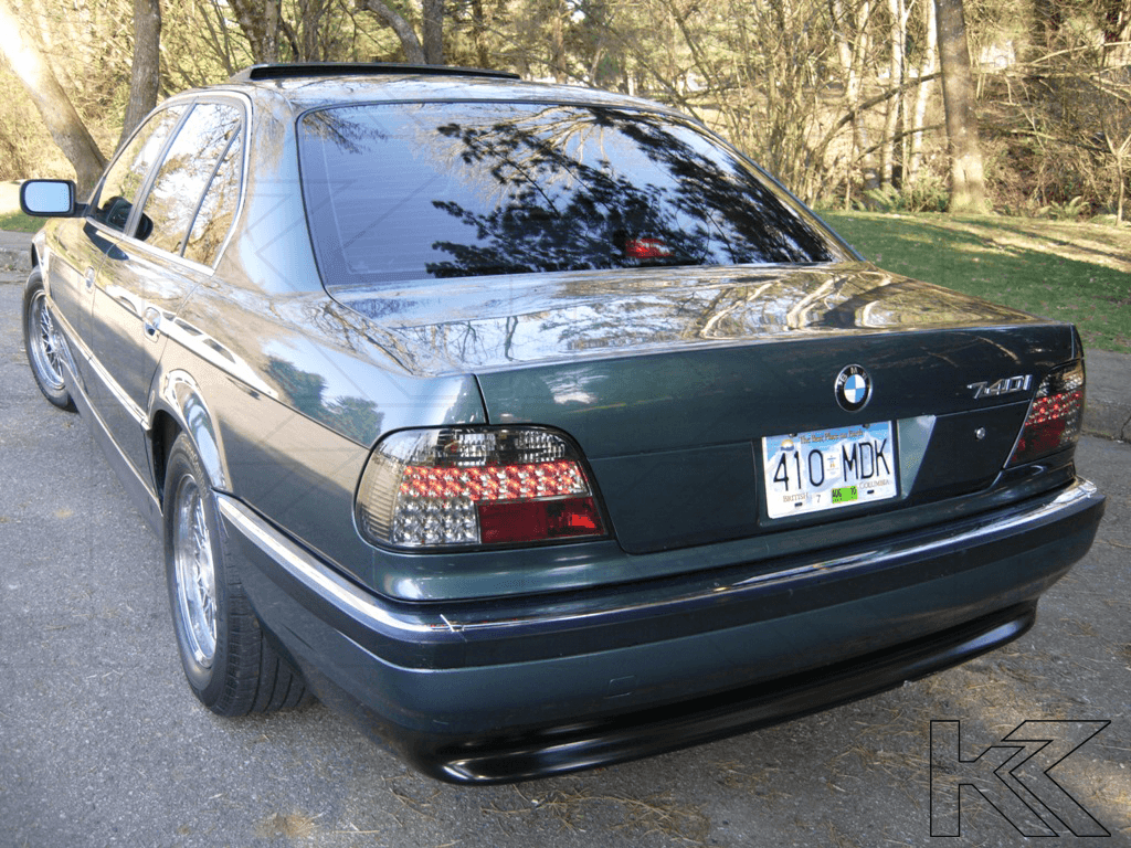 BMW 7-Series E38 clear smoked LED tail lights by K2 Industries, 1994-1998, showing the sleek, smoked design with LED accents.