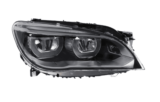 BMW 7 Series F01/F02 headlight upgrade by K2 Industries, 2009-2015, showing sleek automotive headlights with clear lenses.