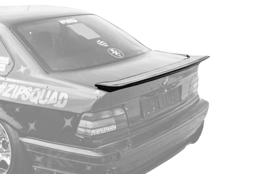 BMW E36 Series 3 drag wing-style trunk spoiler by K2 Industries, showing the aerodynamic spoiler on the car's trunk lid.
