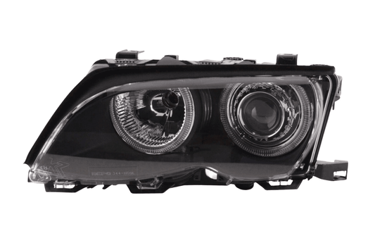 Black BMW E46 3-Series sedan OE+ Angel Eyes headlights from K2 Industries, suitable for 2003-2006 models.