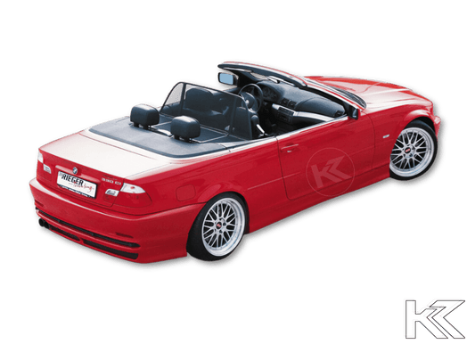 BMW E46 coupe or convertible with K2 Industries Rieger Twisty side skirts, close-up view of the stylish aerodynamic car accessories.