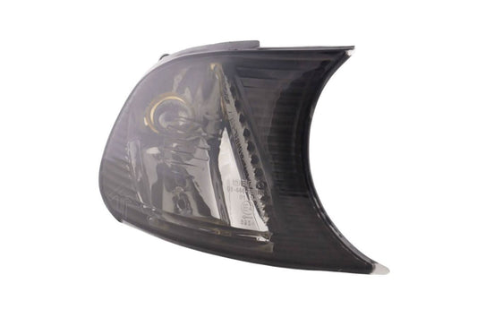 BMW E46 coupe and convertible smoked clear clip-on corner lights by K2 Industries, for models 1998-2001, shown installed on the vehicle.