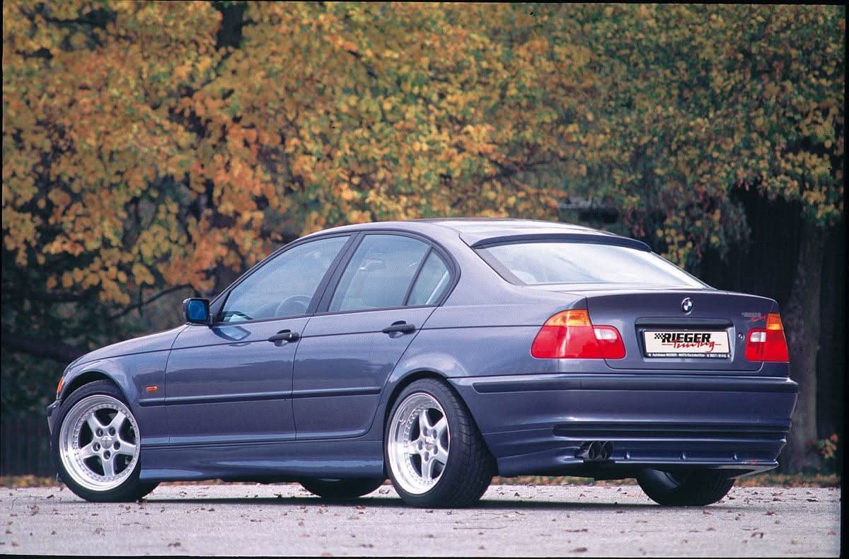 BMW E46 Sedan, Compact, Touring side skirts by Rieger "Twisty" from K2 Industries, showing sleek automotive styling.