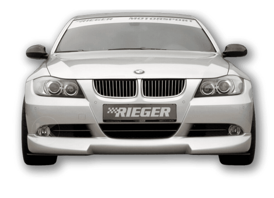 BMW E90/91 Rieger front lip by K2 Industries, aftermarket car accessory mounted on the front bumper for sporty look.