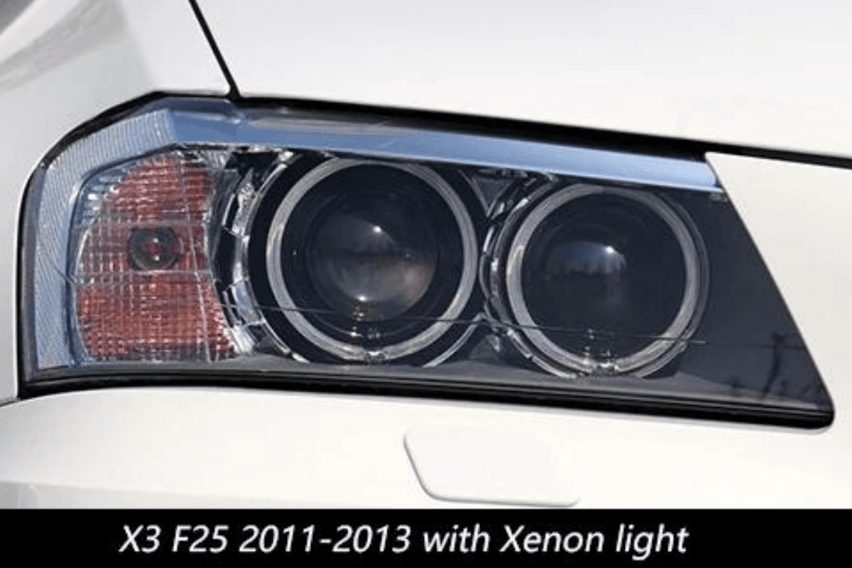 BMW F25 X3 2010-2013 Modern Style LED Headlights by K2 Industries, showing sleek daytime running lights and clear lens design.