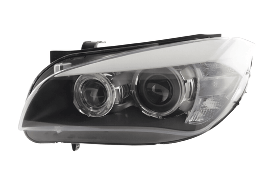 BMW X1 E84 LED Angel Eye Headlights by K2 Industries, for 2009-2012 models, showing the headlights with bright angel eye rings.