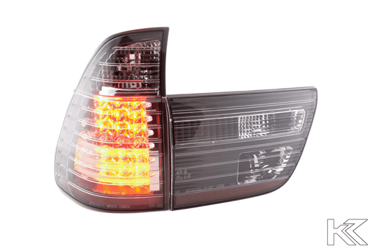 BMW X5 E53 black and clear LED tail lights by K2 Industries, for 1998-2002 model, showing the sleek tail light design.