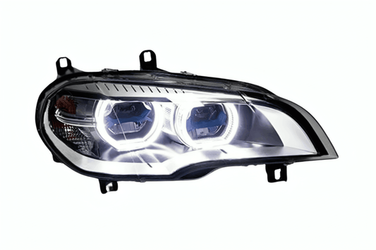 BMW X5 E70 projector headlights with OE style angel eyes, black housing, and clear lens for models 2007-2013 by K2 Industries.