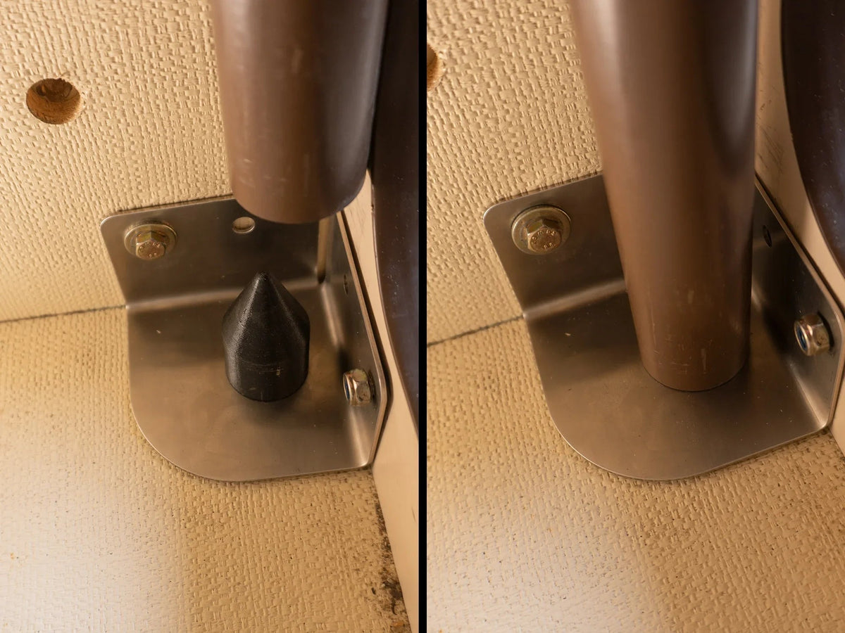 GoWesty bracket for rear table leg guide, black metal mounting hardware shown on white background