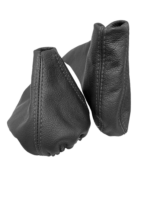 Gray leather shift and handbrake boot cover for BMW E91, E92, E93 models, genuine leather from JTS Custom Upholstery.