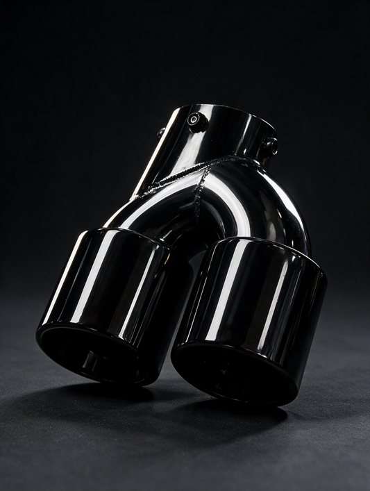 BMW 2/3/4 Series G42 G20 G21 G23 black stainless steel dual muffler tips by K2 Industries, visible from the rear of the vehicle.