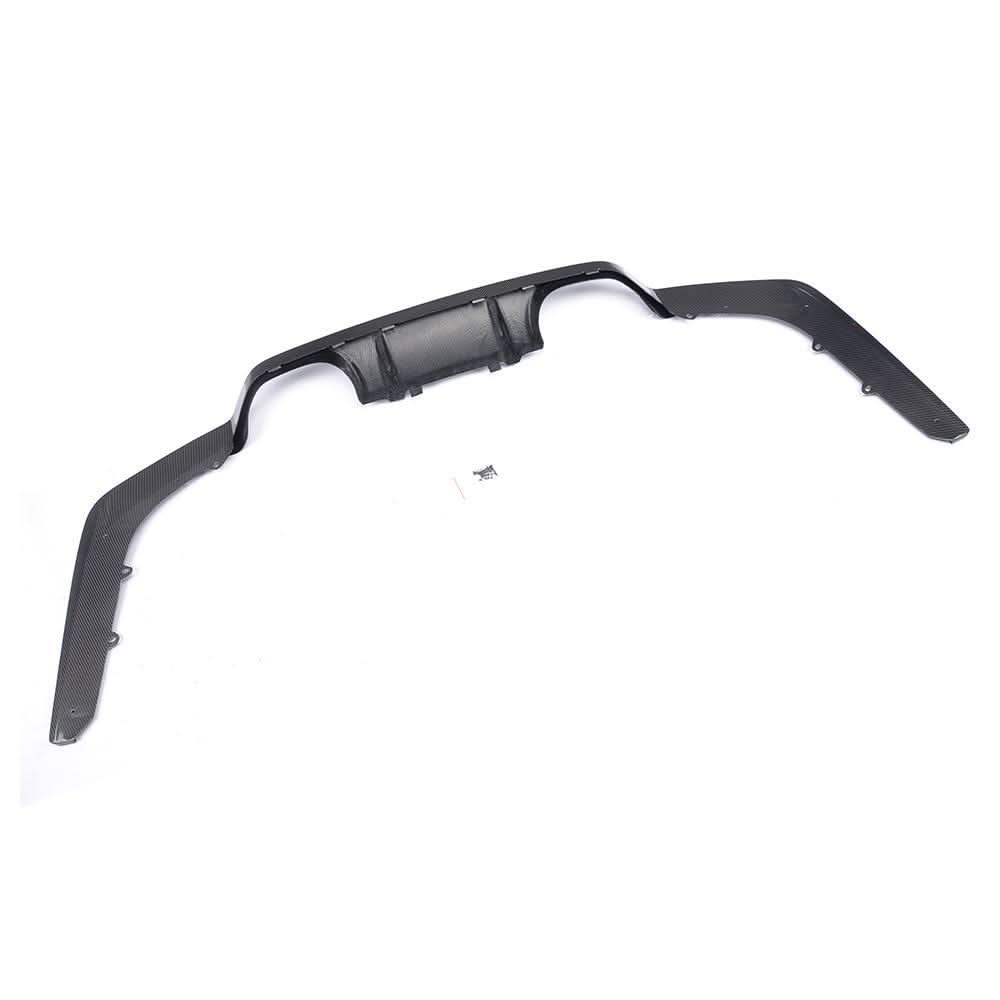 K2 Industries carbon fiber rear diffuser for BMW F80 M3 and F82 F83 M4 with quad exhaust, aerodynamic design for improved performance.