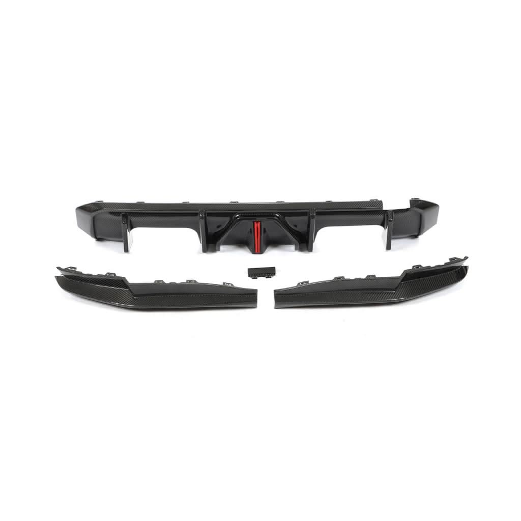 Dry carbon fiber rear diffuser for BMW G80 M3 and G82 G83 M4 Competition, showing sleek carbon fiber finish and aerodynamic design.
