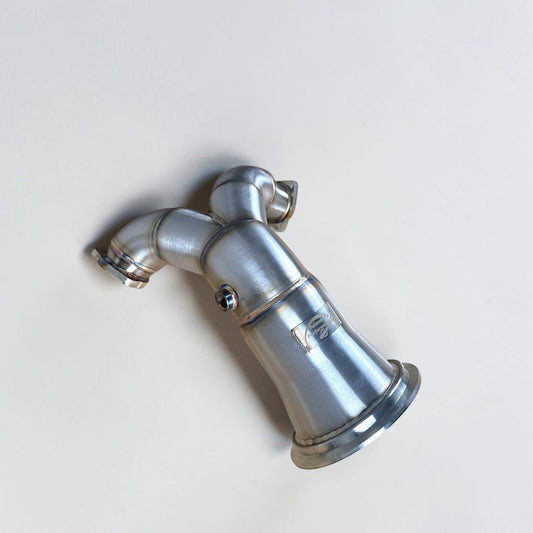 Palenon Performance racing downpipe for Audi S4 and S5 B9 and B9.5 3.0T engine, showing the stainless steel exhaust pipe.