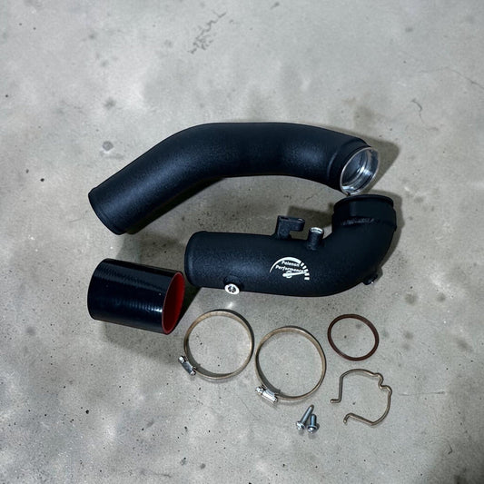 Palenon Performance B58 aluminum charge pipe for BMW Supra and M series, showcasing the polished metal pipe with branding.