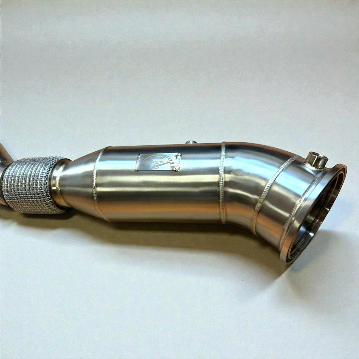 Stainless steel 5-inch Gen 3 BMW B58TU2 racing downpipe by Palenon Performance for M340i, X5, X7, and other BMW models.