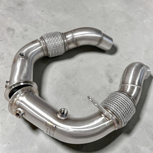 Palenon Performance stainless steel Race Downpipe for BMW F10 M5, F12 M6, F06, F13 M6 with S63 engine, showing polished exhaust pipe.
