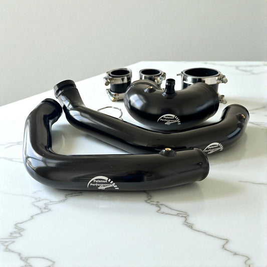 Palenon Performance aluminum S55 charge pipe upgrade for BMW F87 M2C, F80 M3, and F82 M4 engine bay.