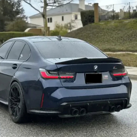 Carbon fiber PSM trunk spoiler for BMW G80 M3 and G20 3 Series, designed for sporty high kick style.