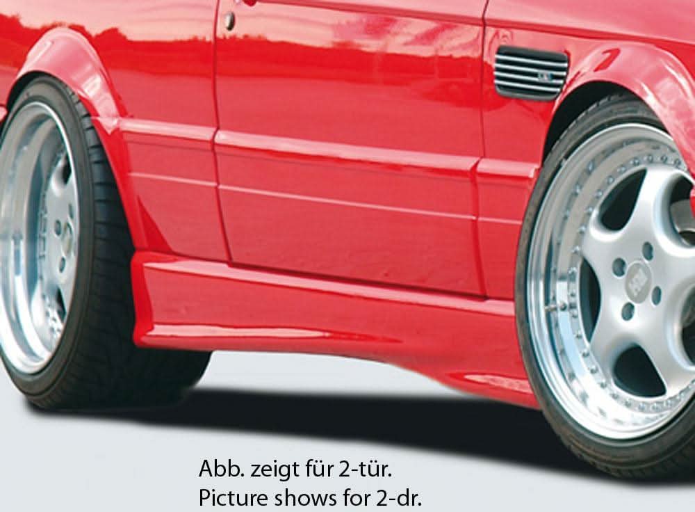 K2 Industries Rieger BMW E30 Sedan and Wagon Side Skirts V2 installed on vehicle, showcasing sleek, aerodynamic design.