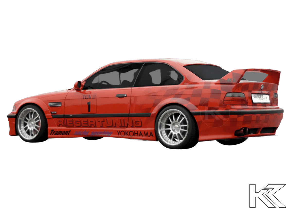 K2 Industries BMW E36 Sedan GT Wing spoiler without third brake light, aftermarket car part for sporty exterior enhancement