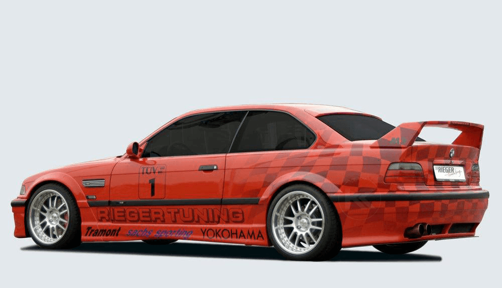 K2 Industries vented rear bumper for BMW E36 widebody, designed for a sleek, sporty look with vented details and robust construction.