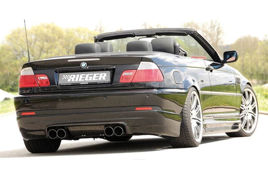 K2 Industries BMW E46 Coupe/Convertible rear side skirt with M look, black aerodynamic car body kit part.