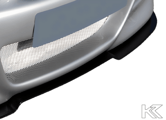 K2 Industries BMW E46 front splitter for Rieger front lip, aerodynamic car body kit accessory, in black with detailed design.