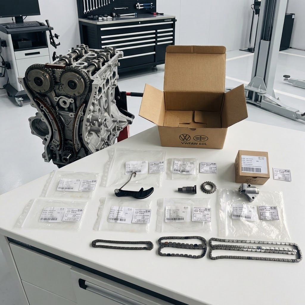 Genuine OEM 2.0L EA888 complete timing chain and tensioner replacement kit for engines from 2008-2025, by Guangzhou Strategy Auto Parts.