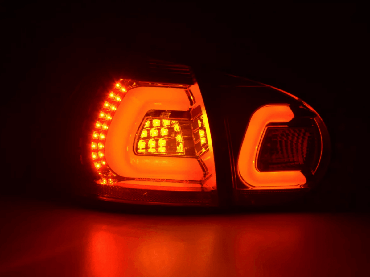 Volkswagen Golf 5 Mk5 chrome smoked LED tail lights by K2 Industries for 2003-2008 model, showing sleek smoked design and LED details.