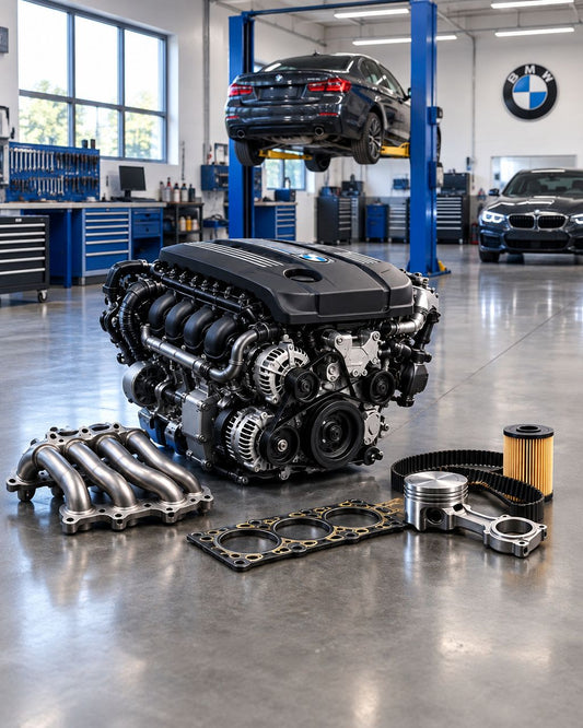 BMW engine and replacement components inside a BMW specialist repair workshop with BMW vehicles on lifts