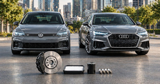 Audi and Volkswagen vehicles with brake rotor, filters and spark plugs against a modern cityscape