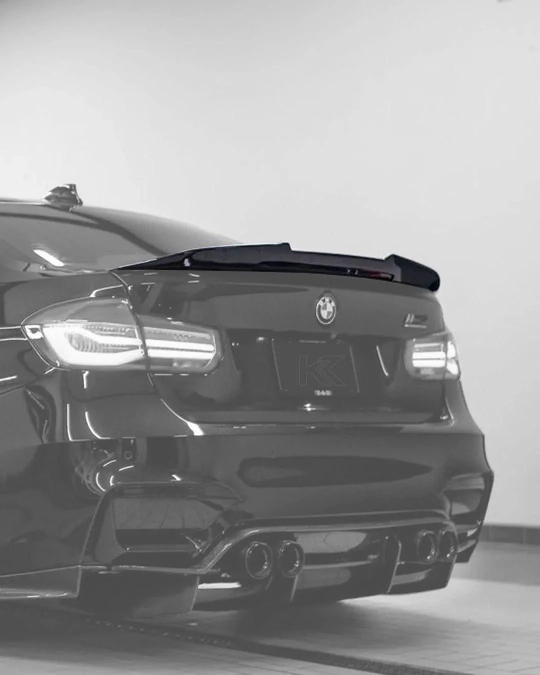 BMW 3 Series F30 F35 M3 F80 sedan carbon fiber trunk spoiler by K2 Industries, showcasing sleek PSM style design.
