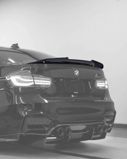 BMW 3 Series F30 F35 M3 F80 sedan carbon fiber trunk spoiler by K2 Industries, showcasing sleek PSM style design.